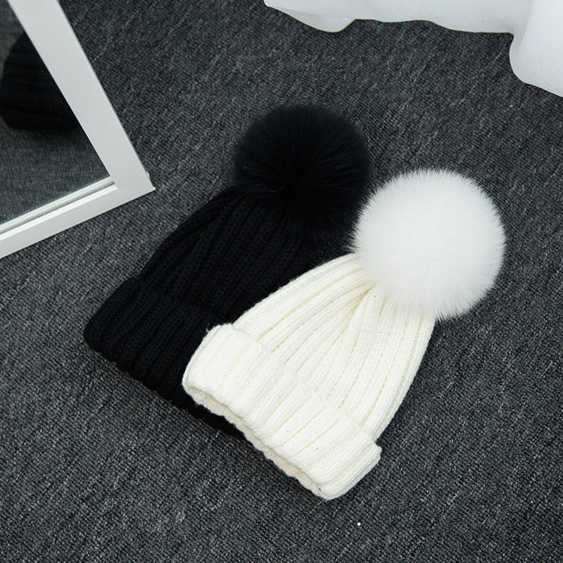 1Pcs Winter Beanies Hat For Adult And Kids Knitted Skullies Casual Cap With Fur Pompom Solid Colors Ski Gorros Cap Bonnet Hats