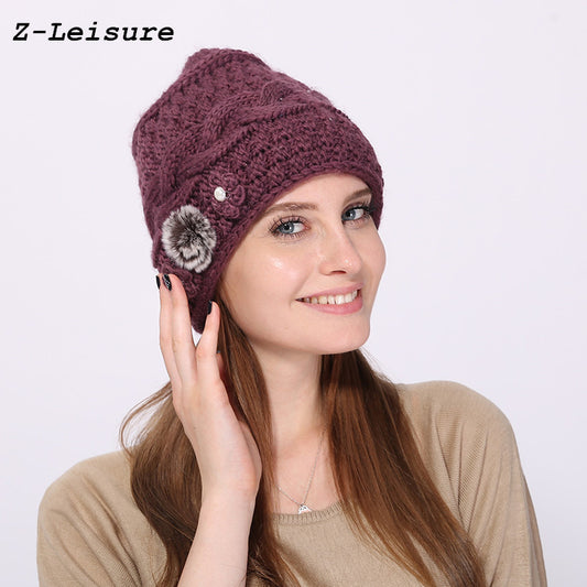 2017 Double Layer Winter Hat for Women Girls Hat Knitted Beanies & Skullies Cap Thick Fmale Cap With Velvet KC121