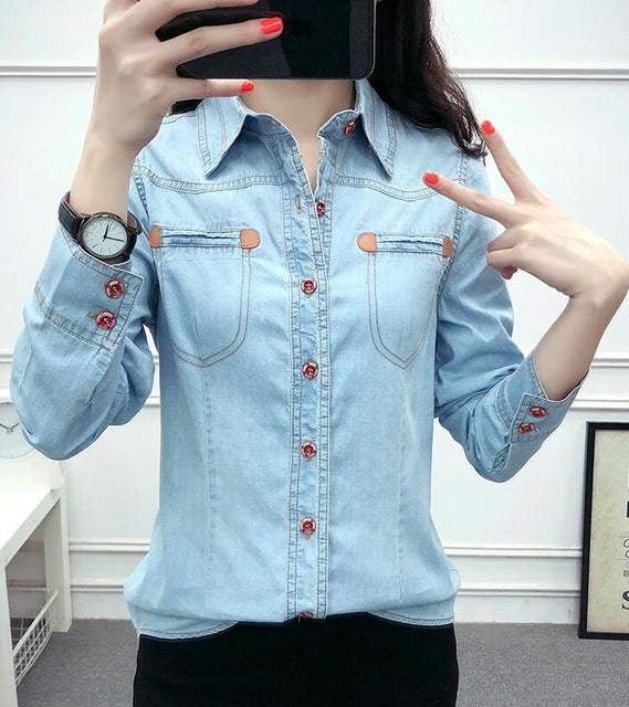 2018 Autumn Casual Camisa Jeans Feminina Long Sleeve Denim Shirt Women Plus Size Blouse Button Pockets Chemise Femme Ladies Tops