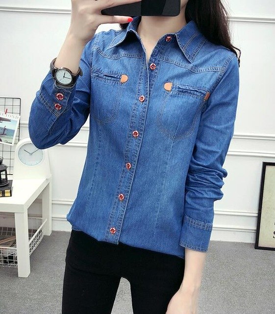2018 Autumn Casual Camisa Jeans Feminina Long Sleeve Denim Shirt Women Plus Size Blouse Button Pockets Chemise Femme Ladies Tops