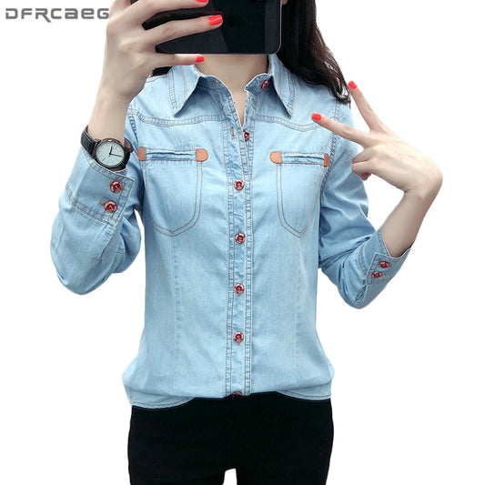 2018 Autumn Casual Camisa Jeans Feminina Long Sleeve Denim Shirt Women Plus Size Blouse Button Pockets Chemise Femme Ladies Tops