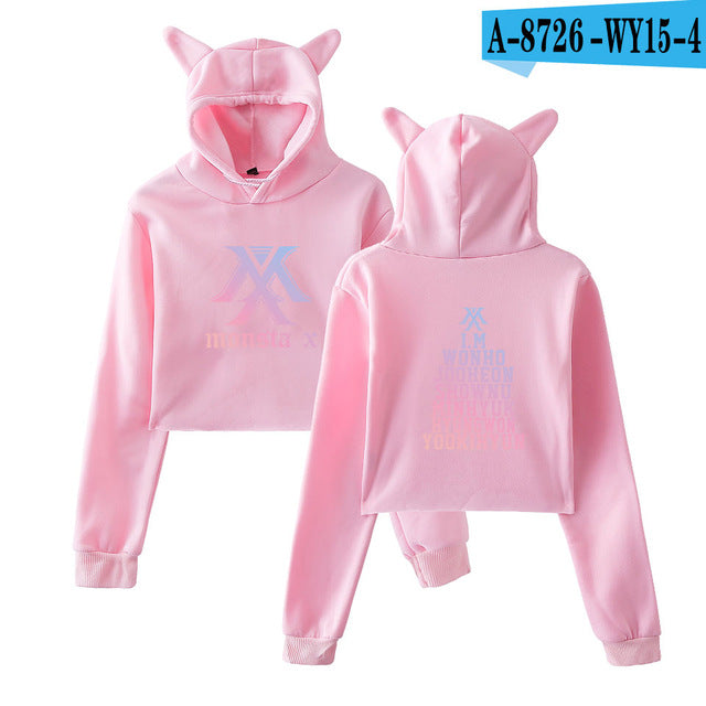 2018 Monsta X Hot Cat Ears Cap Short Cool Hoodies Ladies Women Sexy Exposed Navel K-Pop Hip Hop Pullover Sweatshirt