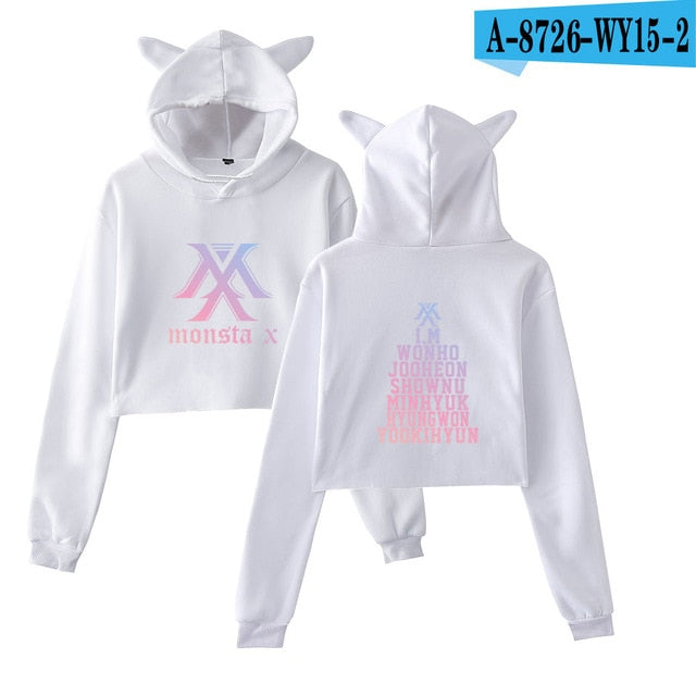 2018 Monsta X Hot Cat Ears Cap Short Cool Hoodies Ladies Women Sexy Exposed Navel K-Pop Hip Hop Pullover Sweatshirt