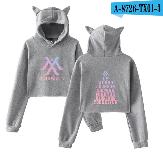 2018 Monsta X Hot Cat Ears Cap Short Cool Hoodies Ladies Women Sexy Exposed Navel K-Pop Hip Hop Pullover Sweatshirt