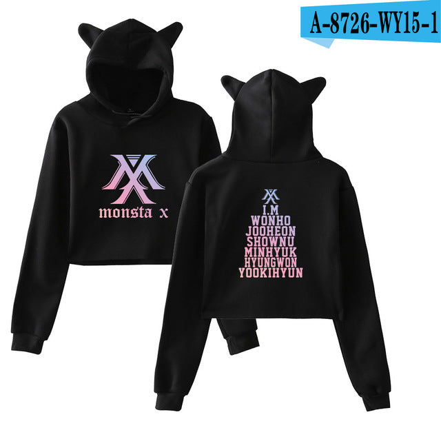 2018 Monsta X Hot Cat Ears Cap Short Cool Hoodies Ladies Women Sexy Exposed Navel K-Pop Hip Hop Pullover Sweatshirt