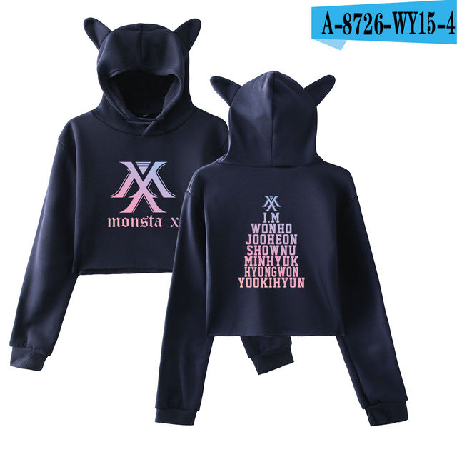 2018 Monsta X Hot Cat Ears Cap Short Cool Hoodies Ladies Women Sexy Exposed Navel K-Pop Hip Hop Pullover Sweatshirt