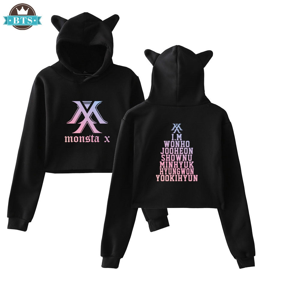2018 Monsta X Hot Cat Ears Cap Short Cool Hoodies Ladies Women Sexy Exposed Navel K-Pop Hip Hop Pullover Sweatshirt