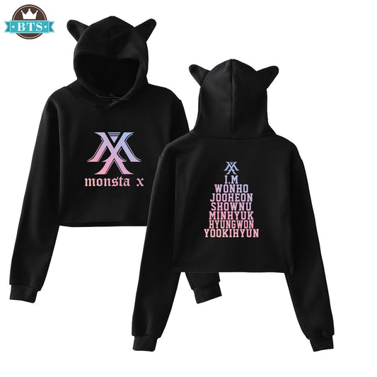 2018 Monsta X Hot Cat Ears Cap Short Cool Hoodies Ladies Women Sexy Exposed Navel K-Pop Hip Hop Pullover Sweatshirt