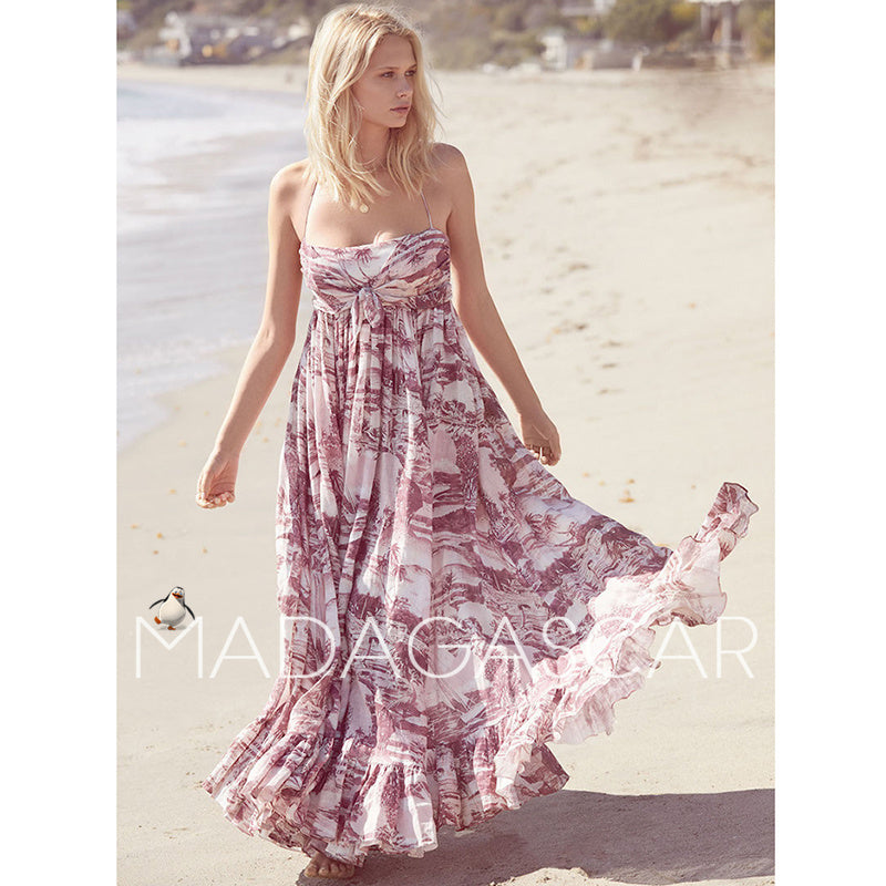 2018 NEW beach holiday  retro style Holiday wind Hawaiian printing strapless Condole belt loose Medium length dress comfortable