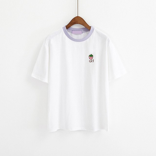 2018 New Institute Wind Cute Fruits Embroidery Short Sleeve T-shirt Women Summer Casual Round Neck Patchwork Tshirts Female Tees