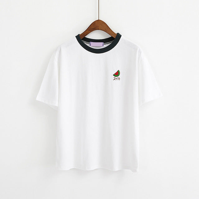 2018 New Institute Wind Cute Fruits Embroidery Short Sleeve T-shirt Women Summer Casual Round Neck Patchwork Tshirts Female Tees