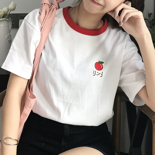2018 New Institute Wind Cute Fruits Embroidery Short Sleeve T-shirt Women Summer Casual Round Neck Patchwork Tshirts Female Tees