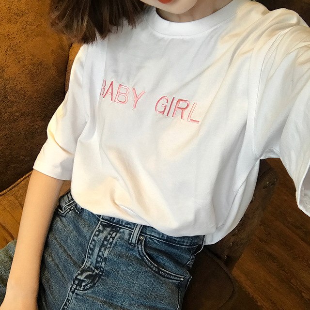 2018 New Korean Cute Letters Embroidery Short Sleeve T-shirt Women Casual Loose Summer Tee Shirt