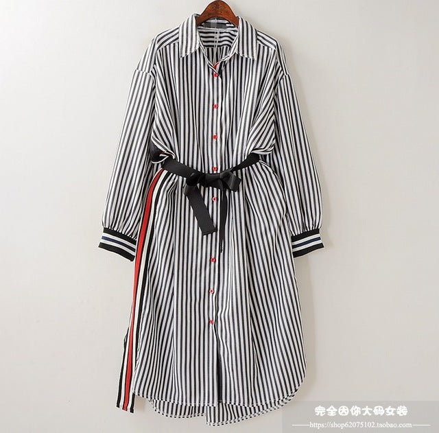 2018 QLZW New Spring Summer Striped Asymmetrical Turn-down Collar Full Sleeve Sashes Loose Long Dress Women Tide WA30801