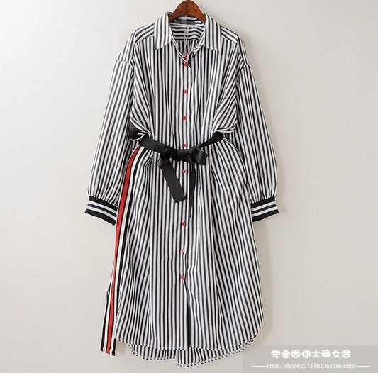 2018 QLZW New Spring Summer Striped Asymmetrical Turn-down Collar Full Sleeve Sashes Loose Long Dress Women Tide WA30801