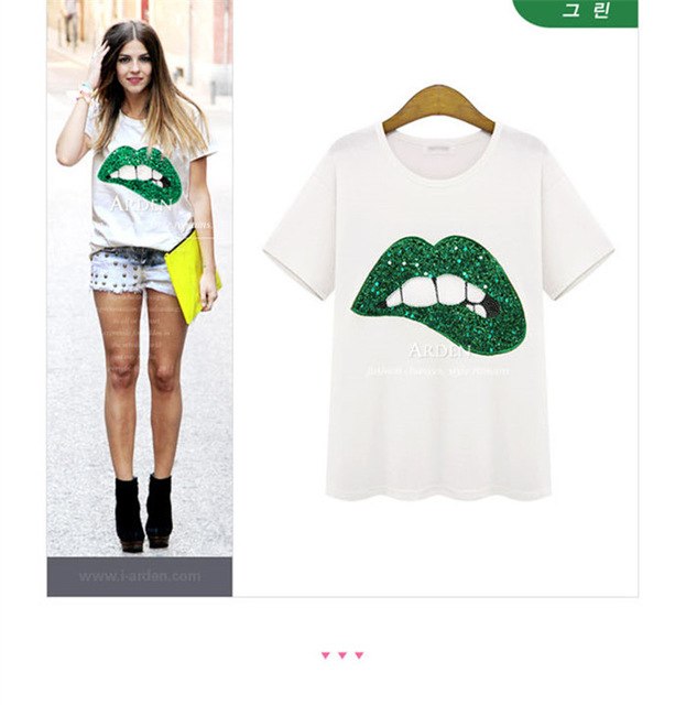 2018 Women T Shirt Summer Casual Embroidered Fabric Big Lip Tshirts Comfortable Shirts Soft Female Short Sleeve O Neck Clothing