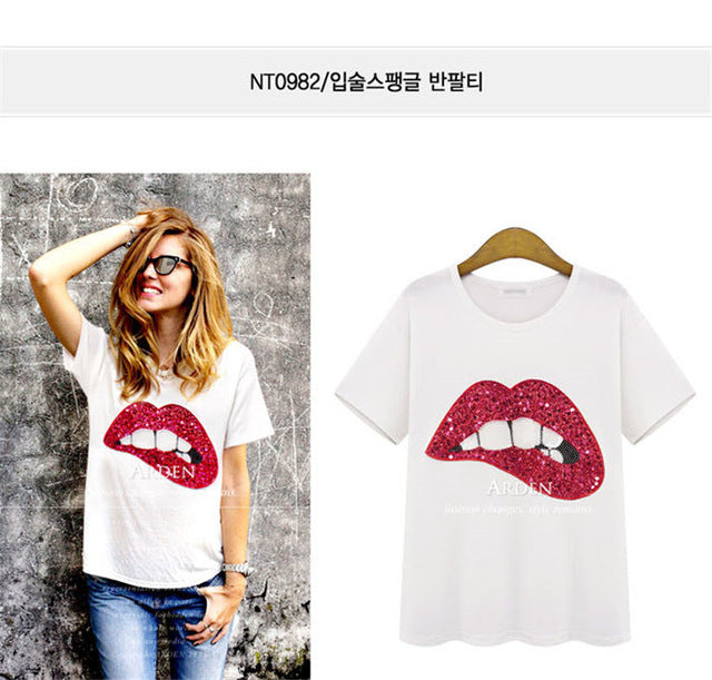 2018 Women T Shirt Summer Casual Embroidered Fabric Big Lip Tshirts Comfortable Shirts Soft Female Short Sleeve O Neck Clothing