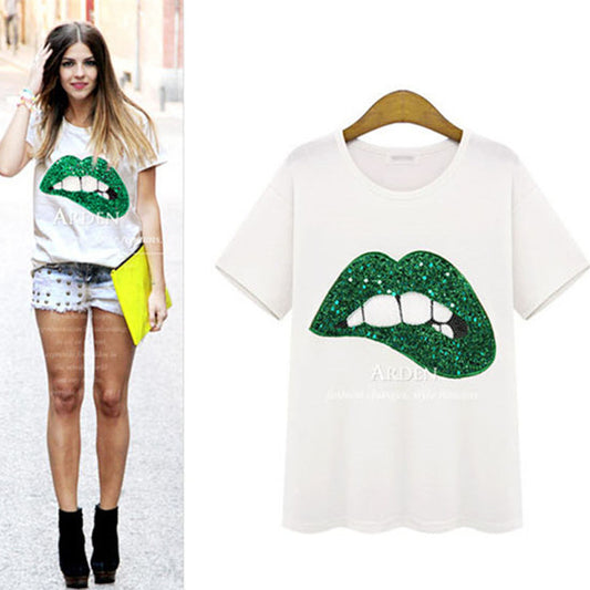 2018 Women T Shirt Summer Casual Embroidered Fabric Big Lip Tshirts Comfortable Shirts Soft Female Short Sleeve O Neck Clothing