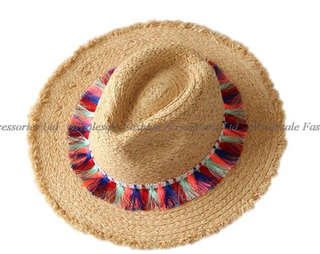 6pcs Pretty Chromatic Tassels Raffia Straw Fedora Hats for Women Summer Beach Nature Straw Fedoras Hat Wholesale Ladies Sun Caps