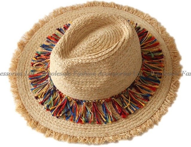 6pcs Pretty Chromatic Tassels Raffia Straw Fedora Hats for Women Summer Beach Nature Straw Fedoras Hat Wholesale Ladies Sun Caps