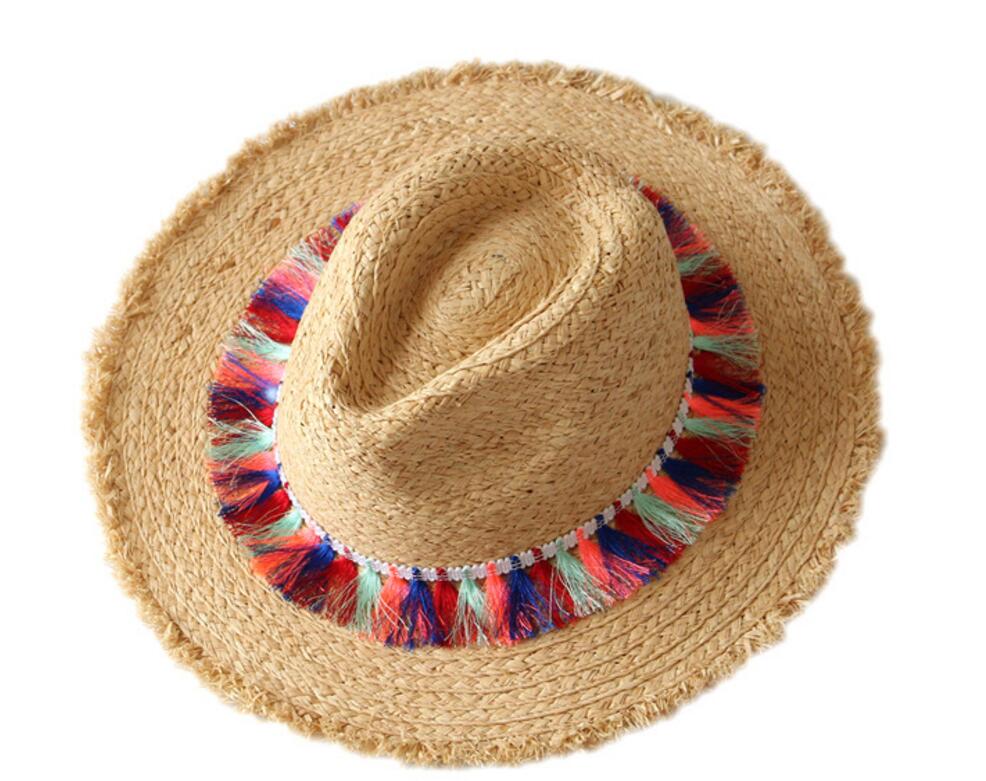 6pcs Pretty Chromatic Tassels Raffia Straw Fedora Hats for Women Summer Beach Nature Straw Fedoras Hat Wholesale Ladies Sun Caps