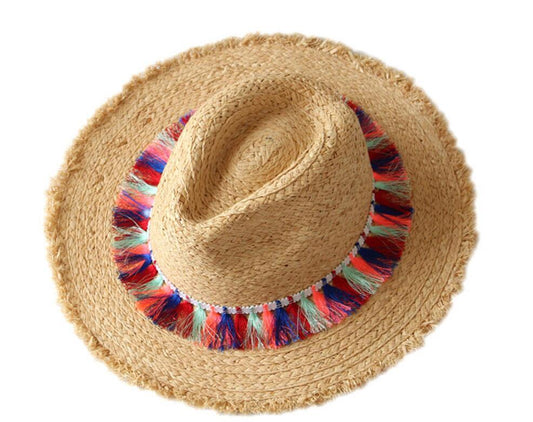 6pcs Pretty Chromatic Tassels Raffia Straw Fedora Hats for Women Summer Beach Nature Straw Fedoras Hat Wholesale Ladies Sun Caps