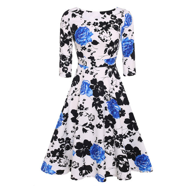 ACEVOG Brand 1950s Dress Autumn Spring 3/4 Sleeve Women Fashion Elegant Vintage Rockabilly Floral Swing Party Dresses 4 Styles