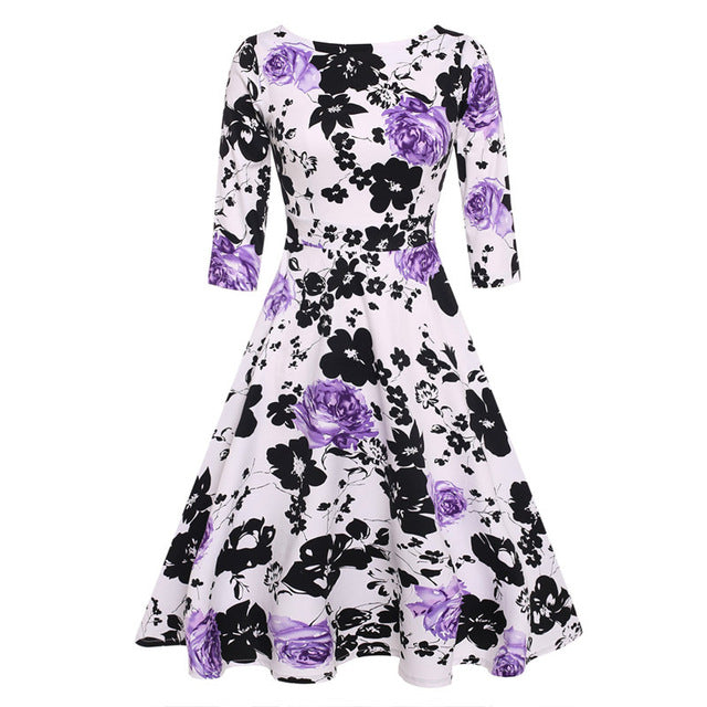 ACEVOG Brand 1950s Dress Autumn Spring 3/4 Sleeve Women Fashion Elegant Vintage Rockabilly Floral Swing Party Dresses 4 Styles
