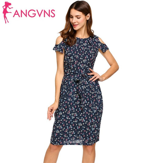 ANGVNS Women Vintage Summer Dress 2018 Top Rufflles Cold Shoulder Short Sleeve Floral Print Casual Dress with Belt Beach Dress