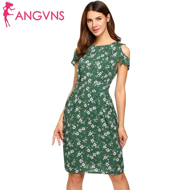 ANGVNS Women Vintage Summer Dress 2018 Top Rufflles Cold Shoulder Short Sleeve Floral Print Casual Dress with Belt Beach Dress