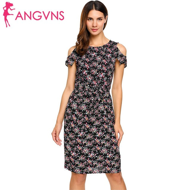 ANGVNS Women Vintage Summer Dress 2018 Top Rufflles Cold Shoulder Short Sleeve Floral Print Casual Dress with Belt Beach Dress
