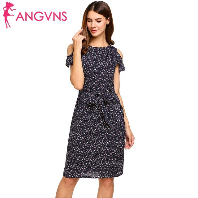 ANGVNS Women Vintage Summer Dress 2018 Top Rufflles Cold Shoulder Short Sleeve Floral Print Casual Dress with Belt Beach Dress