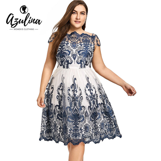 AZULINA Vestidos Plus Size Lace Scalloped Tulle Dress Boat Neck Short Sleeves Dresses Robe Female Woman Clothes Vestido De Festa