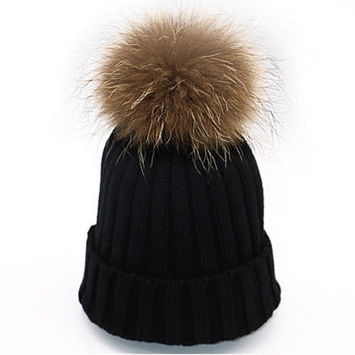 Arherigele Fur Ball Cap Pom Poms Winter Hat for Women Girl 's Hat Knitted Beanies Cap Thick Female Cap Women's Skullies Beanies