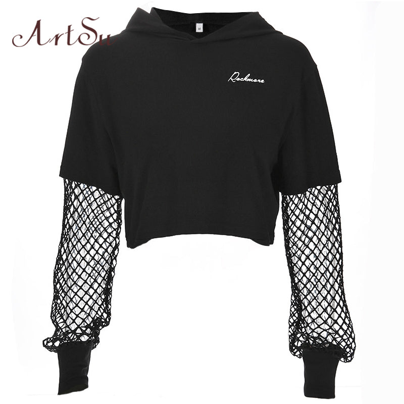 ArtSu 2018 Black Crop Top Sweatshirt Long Sleeve Women Hoodies Hooded Streetwear Harajuku Hoodie Kpop Bts Hoody ASHO20240