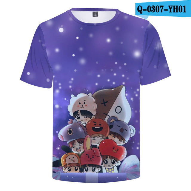 Bangtan Boys 3D T shirt Women Summer Anime Short Sleeve T-shirts BTS Funny Cartoon Printing Tops and Tees For Men and Women