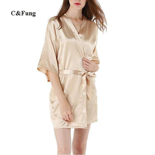 C&Fung sexy lady robe champagne Women's Satin Plain Short Kimono Robe Bathrobe silky Pajamas dressing gown robes hot pink S-XXL