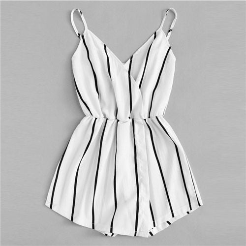 COLROVIE Wrap Casual Vertical Striped Romper 2018 Summer V Neck Playsuit Mid Waist Women Rompers Strap Beach Short Jumpsuit