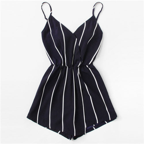 COLROVIE Wrap Casual Vertical Striped Romper 2018 Summer V Neck Playsuit Mid Waist Women Rompers Strap Beach Short Jumpsuit