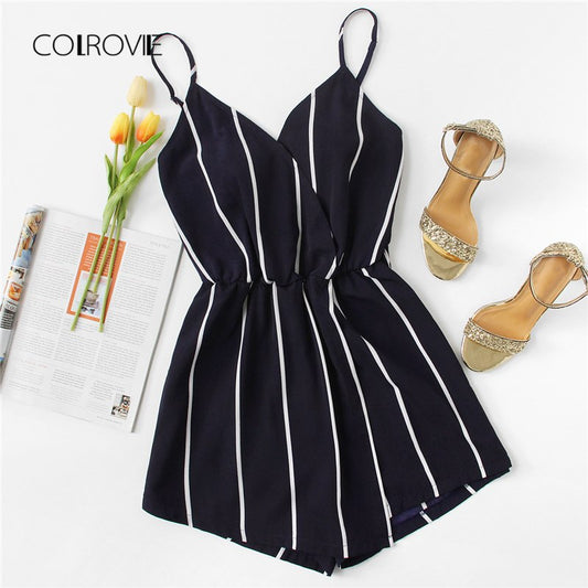 COLROVIE Wrap Casual Vertical Striped Romper 2018 Summer V Neck Playsuit Mid Waist Women Rompers Strap Beach Short Jumpsuit
