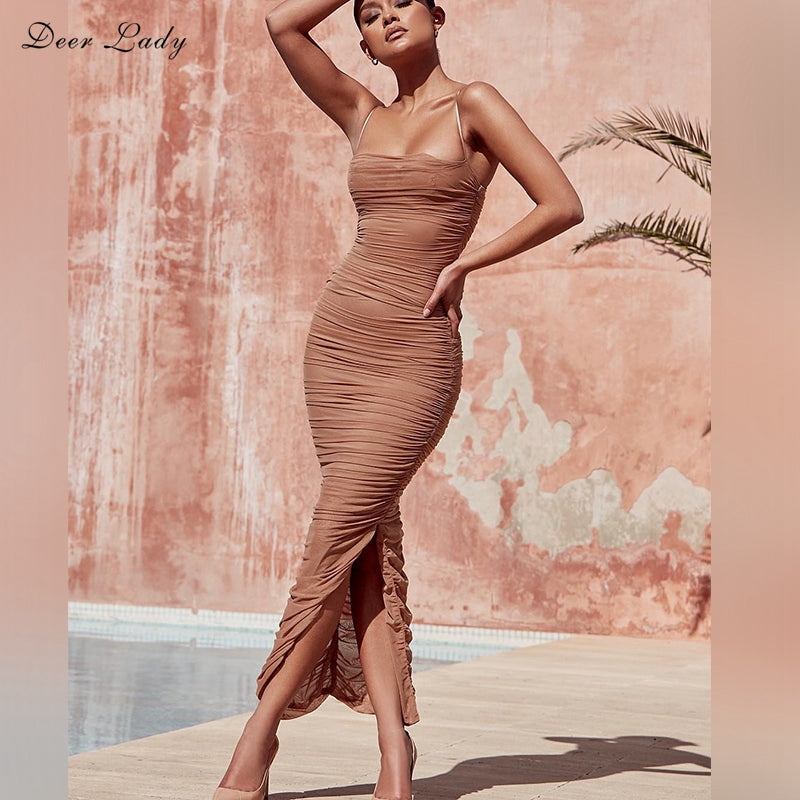 Deer Lady 2018 Summádasdasdasder Dress Women Long Club Elegant Bodycon Maxi Dress Slit Strap Sexy Mesh Organza Dress Brown For Party Night