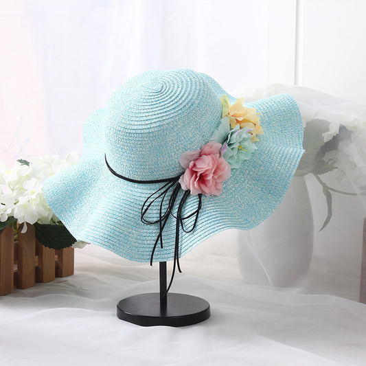 FLYBER Bohe Straw Sun Hats for Women Flowers Decro Summer Wave Wide Brim UV Protection Girls Foldable Chapeau Femme Beach Hats