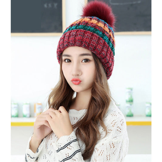 Fashion Winter Hats for Women Fur Pompon Hat Mix Color Hip Hop Knitted Hat Female Skullies Beanies Crochet Hat Female Warm Caps