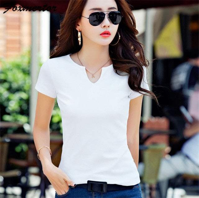 Foxmertor T-shirt Women 2018 Autumn Cotton Female T Shirts V-Neck Solid Striped Tops Casual Basic Lady Tees Plus Size 3XL F600