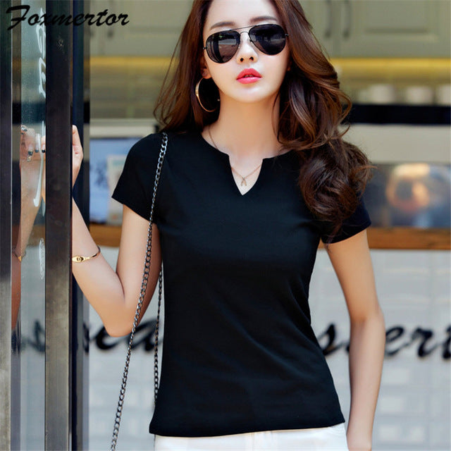 Foxmertor T-shirt Women 2018 Autumn Cotton Female T Shirts V-Neck Solid Striped Tops Casual Basic Lady Tees Plus Size 3XL F600