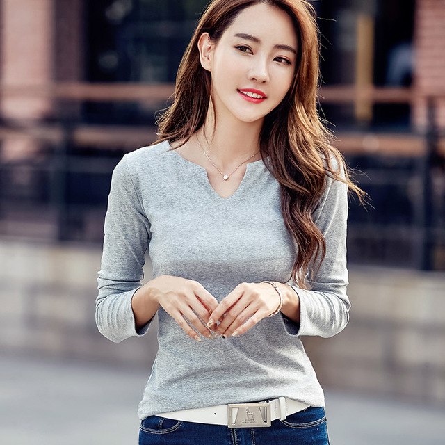 Foxmertor T-shirt Women 2018 Autumn Cotton Female T Shirts V-Neck Solid Striped Tops Casual Basic Lady Tees Plus Size 3XL F600