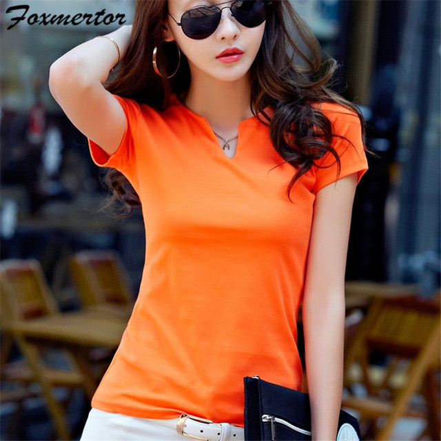 Foxmertor T-shirt Women 2018 Autumn Cotton Female T Shirts V-Neck Solid Striped Tops Casual Basic Lady Tees Plus Size 3XL F600