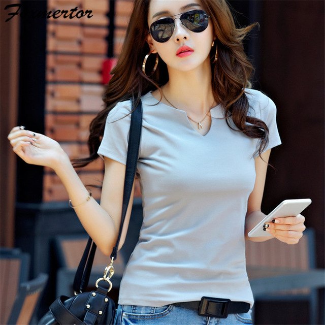 Foxmertor T-shirt Women 2018 Autumn Cotton Female T Shirts V-Neck Solid Striped Tops Casual Basic Lady Tees Plus Size 3XL F600
