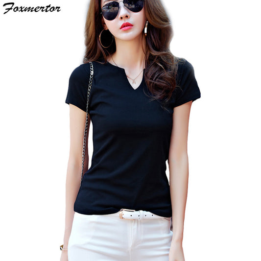 Foxmertor T-shirt Women 2018 Autumn Cotton Female T Shirts V-Neck Solid Striped Tops Casual Basic Lady Tees Plus Size 3XL F600