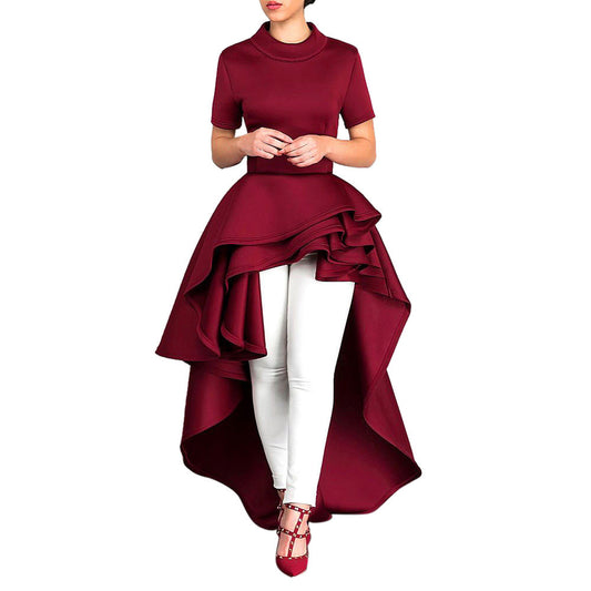 Free Ostrich Women Short Sleeve High Low Peplum Dress Bodycon Casual Party Club Dress Casual O NECK dress vestidos D0235